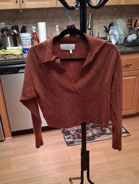 Women's Cropped V-Neck Collared Sweater in Rust